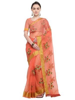 Stylish Organza Flower Embroidery Saree With Blouse Piece