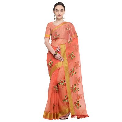 Stylish Organza Flower Embroidery Saree With Blouse Piece