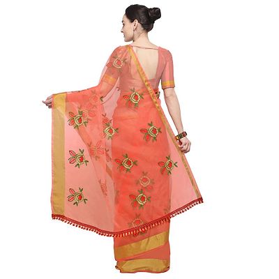 Stylish Organza Flower Embroidery Saree With Blouse Piece - Image 2