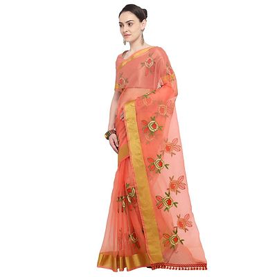 Stylish Organza Flower Embroidery Saree With Blouse Piece - Image 3