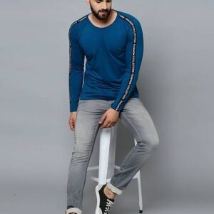 Men's Blue Cotton Self Pattern Round Neck Tees