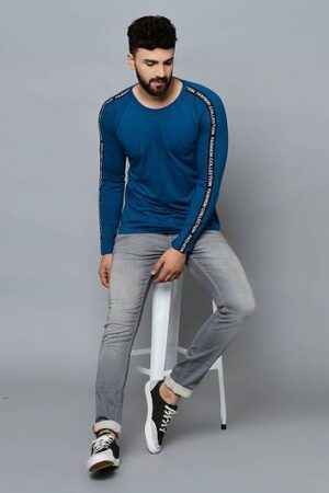 Men's Blue Cotton Self Pattern Round Neck Tees