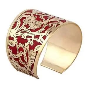Golden Red Floral Design Metal Cuff