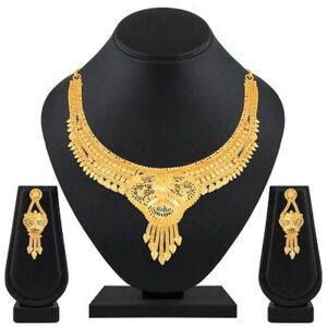 Fashionable 1 Gram Gold Plated Choker Style Brass Necklace Set For Women