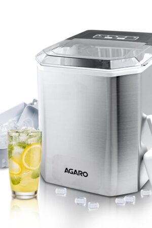 AGARO Regal Ice Maker 1.2L Countertop Machine, 9 Cubes in 6 Mins, 2 Bullet Ice Sizes, Portable with Handle, Self-Cleaning Stainless Steel Ice Maker for Home Kitchen & Office (Silver)