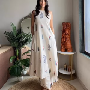 Women Vaidehi White Pure Cotton Kurta Palazzo Set | Sleeveless Printed Co-Ordset 2 Piece
